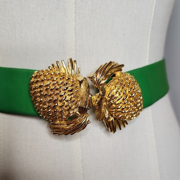 Vintage Green Belt with Gold Pinecone Buckle - Picture 2 of 7